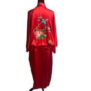 Vintage 100% Silk Red Embroidered Kimono Robe | Lotus Bird | Size L/XL
